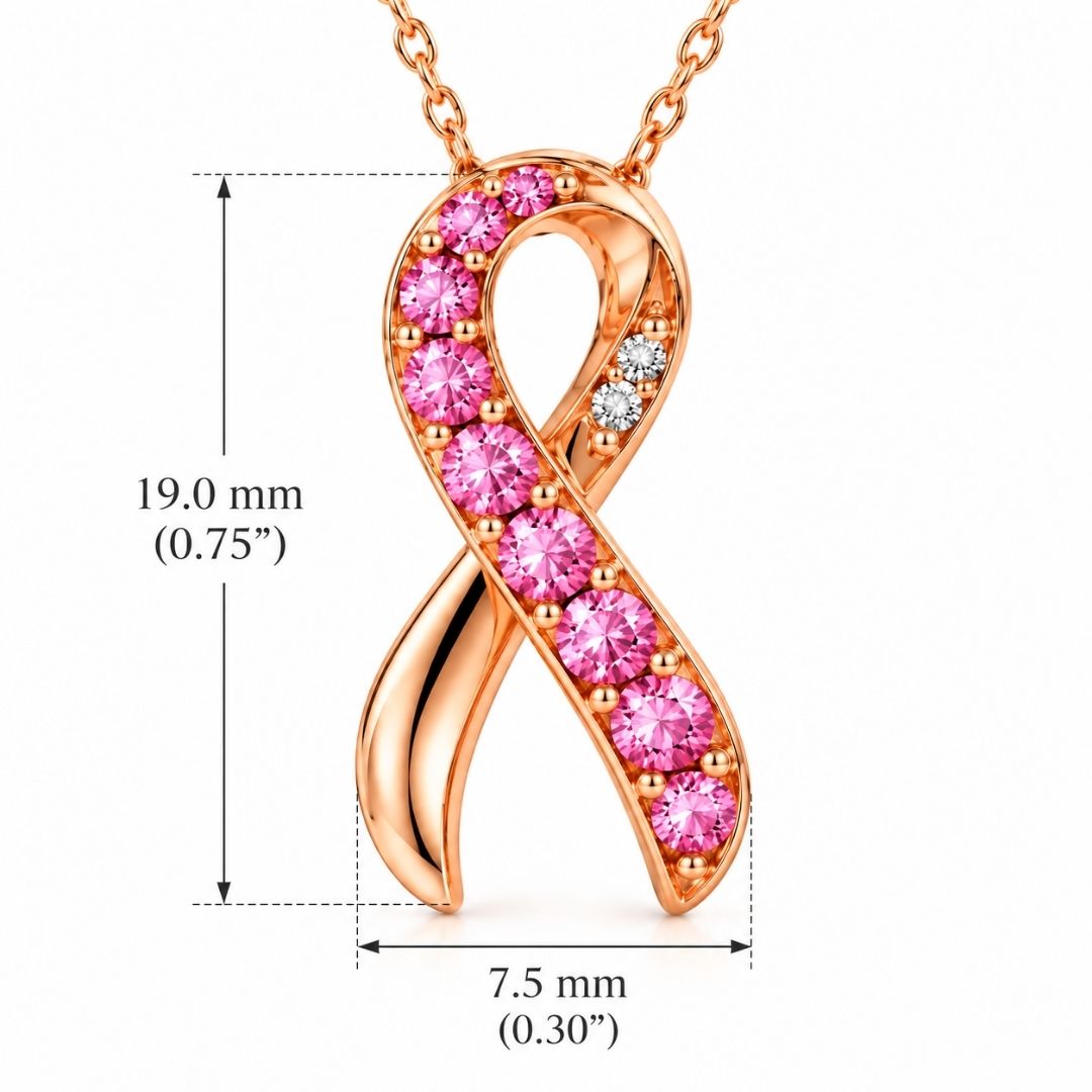 14KT Rose Gold Pink Sapphire and Diamond Breast Cancer Awareness Ribbon Pendant