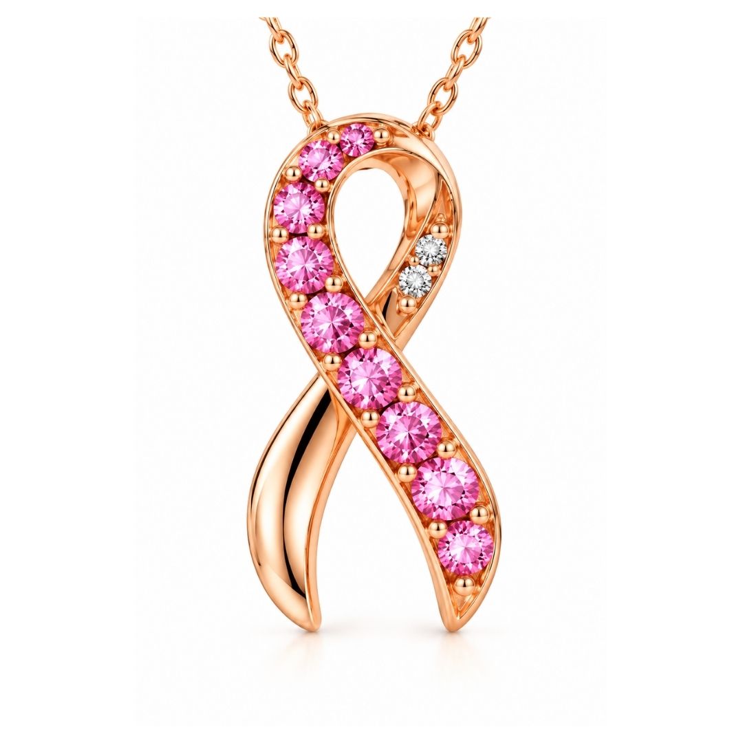 14KT Rose Gold Pink Sapphire and Diamond Breast Cancer Awareness Ribbon Pendant