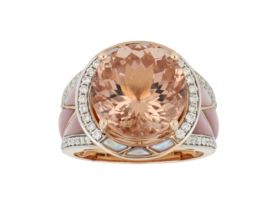 Morganite and Pink Mother of Pearl Ladies Ring (Morganite 7.24 cts. Pink Mother of Pearl 1.47 cts. White Diamond 0.42 cts.)