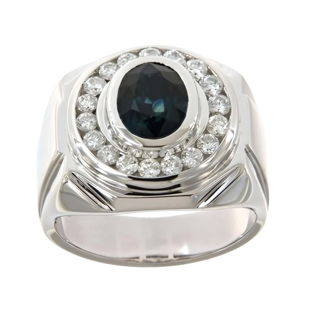 Blue Sapphire Men's Ring (Blue Sapphire 2.01 cts. White Diamond 1.01 cts.) Not Net