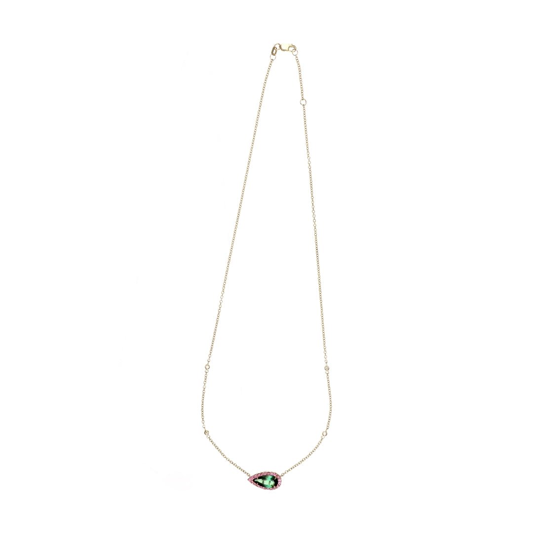 Green Tourmaline Necklace (Green Tourmaline 1.84 cts. Pink Tourmaline 0.37 cts. White Diamond 0.09 cts.) Not Net