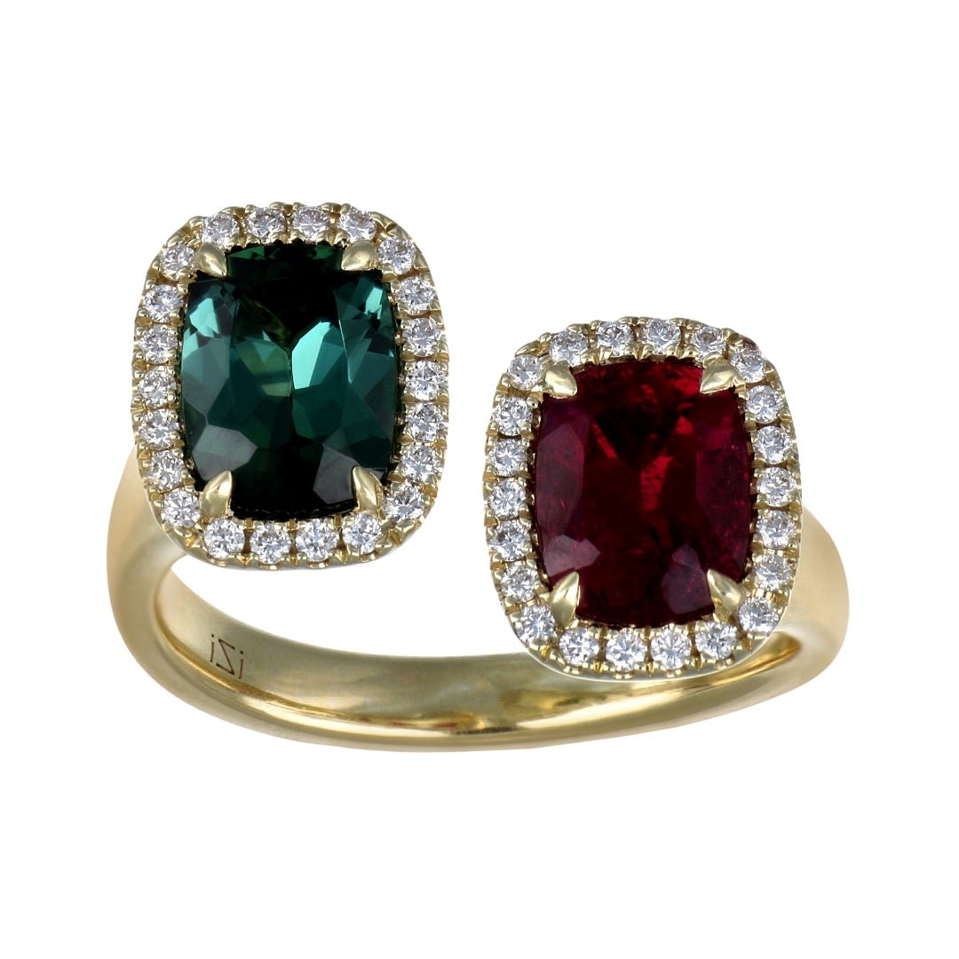 Green Tourmaline Ring (Green Tourmaline 1.47 cts. Pink Tourmaline 1.36 cts. White Diamond 0.27 cts.) Not Net