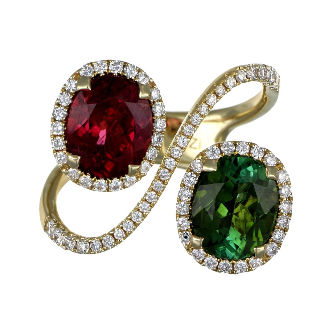 Green Tourmaline Ring (Green Tourmaline 2.35 cts. Pink Tourmaline 2.2 cts. White Diamond 0.61 cts.) Not Net