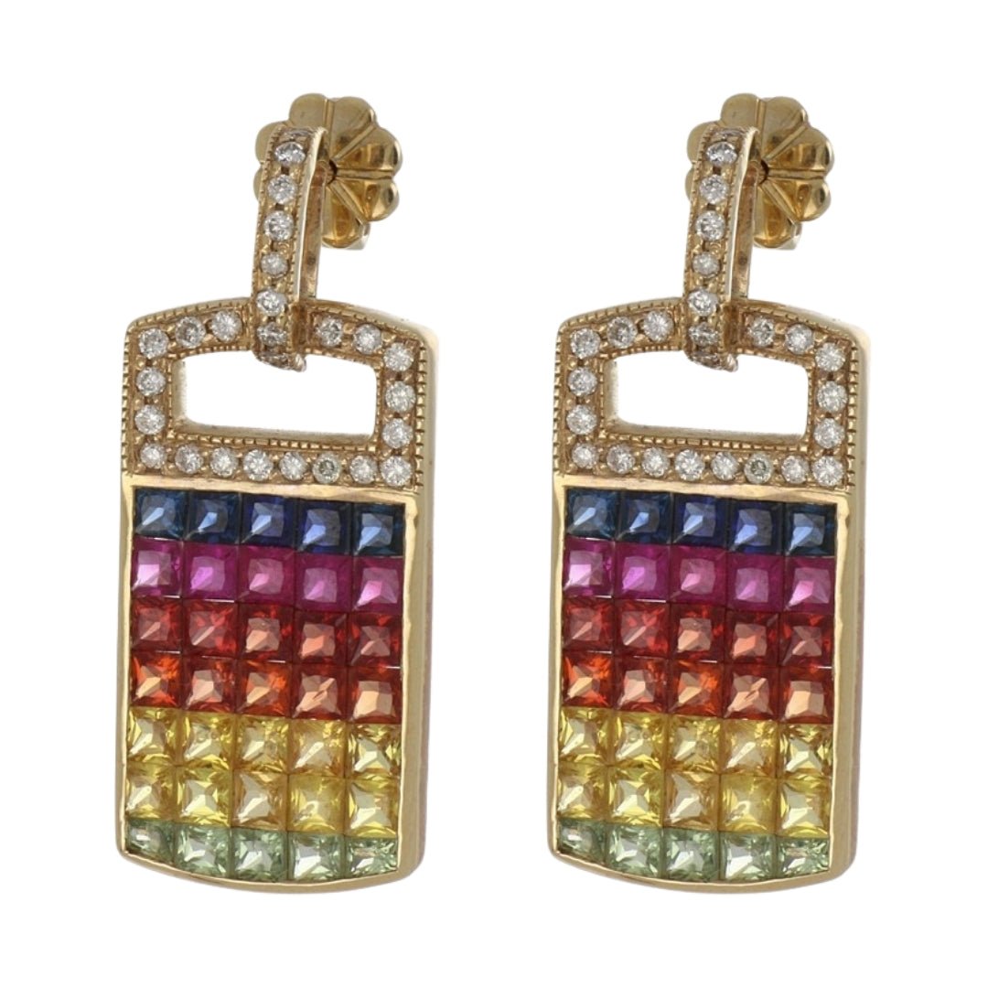 Multi - Color Sapphire Earrings (Multi - Color Sapphire 3.8 cts. White Diamond 0.37 cts.) Not Net