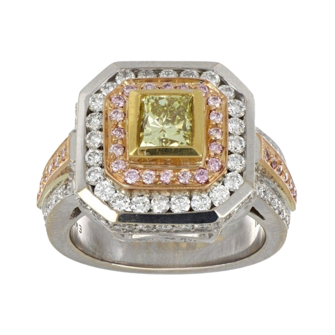 Yellow Diamond Ring (Yellow Diamond 0.9 cts. Pink Diamond 0.25 cts. White Diamond 1.04 cts.) Not Net