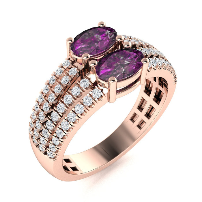 14KT Gold 2-Stone Oval Brilliant Natural Alexandrite and Diamond Ladies Ring