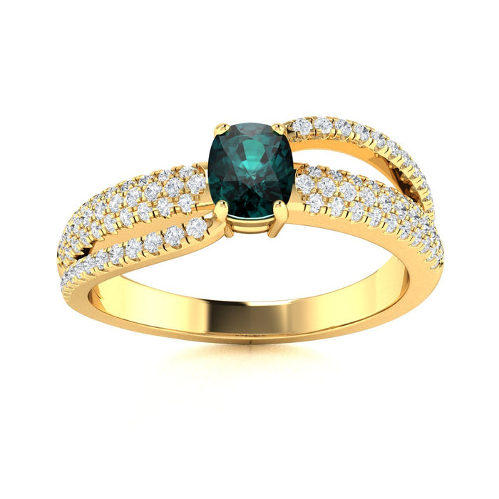 14KT Gold Cushion Shape Natural Alexandrite and Diamond Ladies Ring (Alexandrite 0.25 cts. White Diamonds 0.35 cts.)