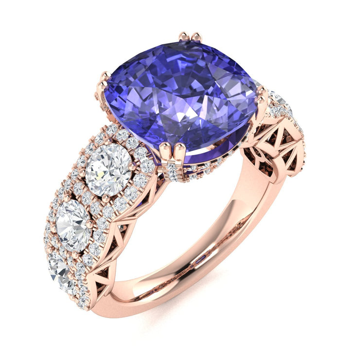 14KT Gold Cushion Tanzanite and Diamond Ladies Ring (4.50Ct Tanzanite 4.50 cts. White Diamond 2.25 cts.)