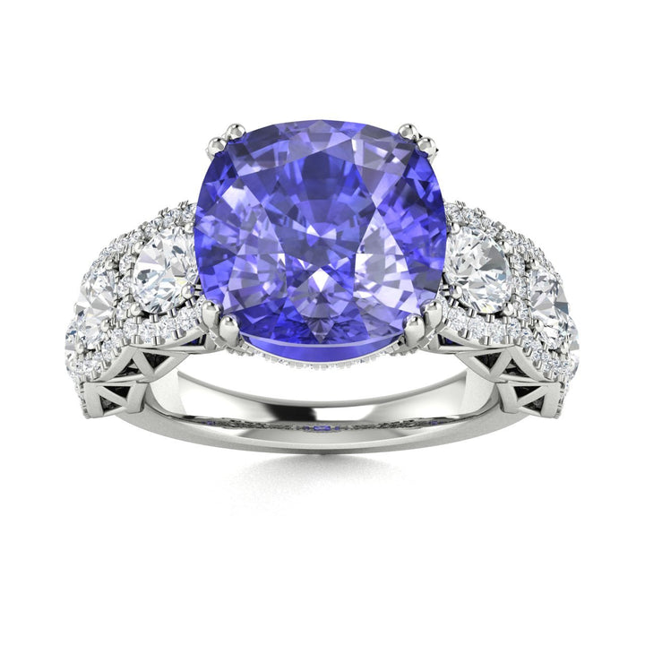 14KT Gold Cushion Tanzanite and Diamond Ladies Ring (4.50Ct Tanzanite 4.50 cts. White Diamond 2.25 cts.)