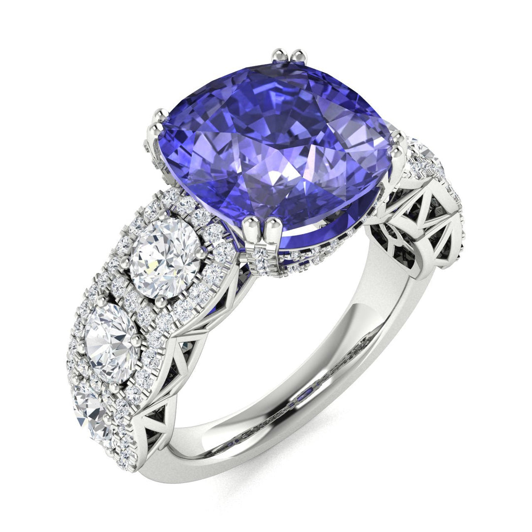 14KT Gold Cushion Tanzanite and Diamond Ladies Ring (4.50Ct Tanzanite 4.50 cts. White Diamond 2.25 cts.)