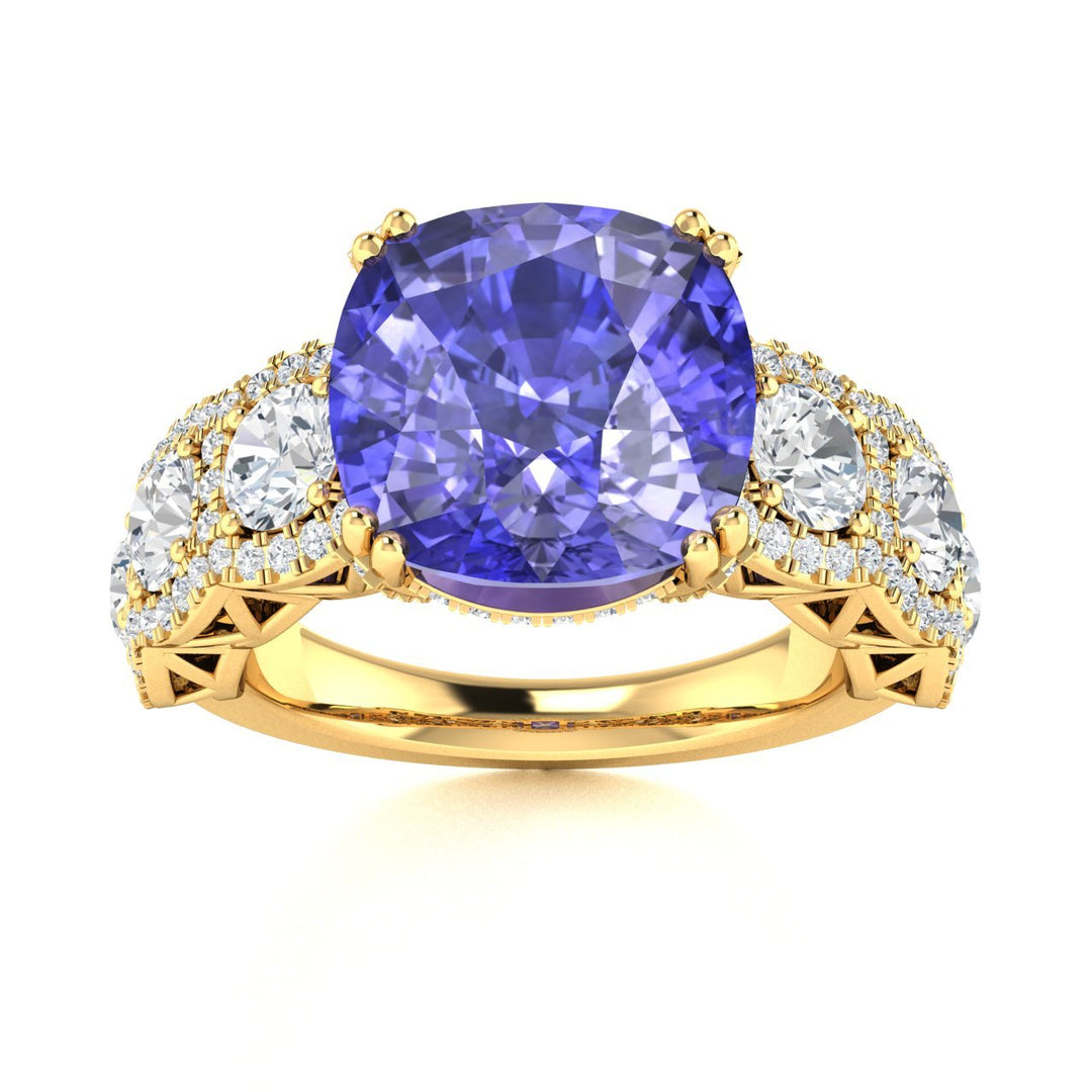 14KT Gold Cushion Tanzanite and Diamond Ladies Ring (4.50Ct Tanzanite 4.50 cts. White Diamond 2.25 cts.)