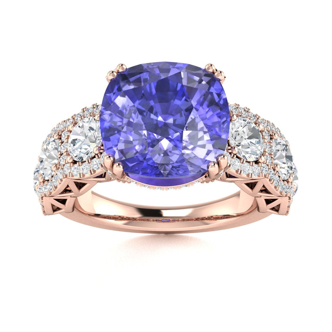 14KT Gold Cushion Tanzanite and Diamond Ladies Ring (4.50Ct Tanzanite 4.50 cts. White Diamond 2.25 cts.)