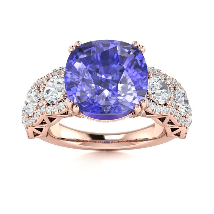 14KT Gold Cushion Tanzanite and Diamond Ladies Ring (4.50Ct Tanzanite 4.50 cts. White Diamond 2.25 cts.)