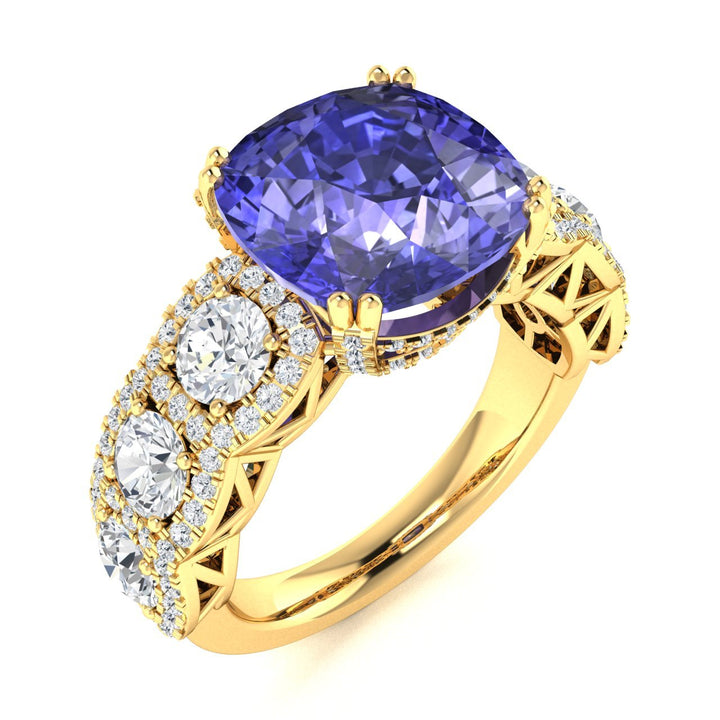 14KT Gold Cushion Tanzanite and Diamond Ladies Ring (4.50Ct Tanzanite 4.50 cts. White Diamond 2.25 cts.)