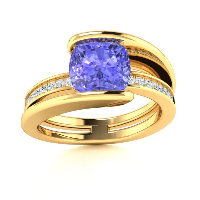 14KT Gold Cushion Tanzanite and Diamond Ladies Ring (Tanzanite 1.50 cts. White Diamonds 0.30 cts. )
