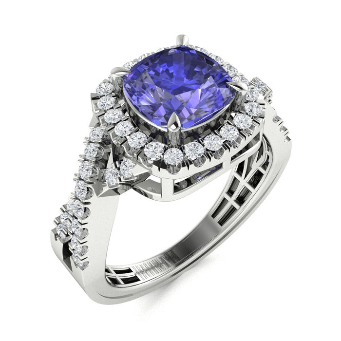 14KT Gold Cushion Tanzanite and Diamond Ladies Ring (Tanzanite 1.70 cts. White Diamond 0.40 cts.)