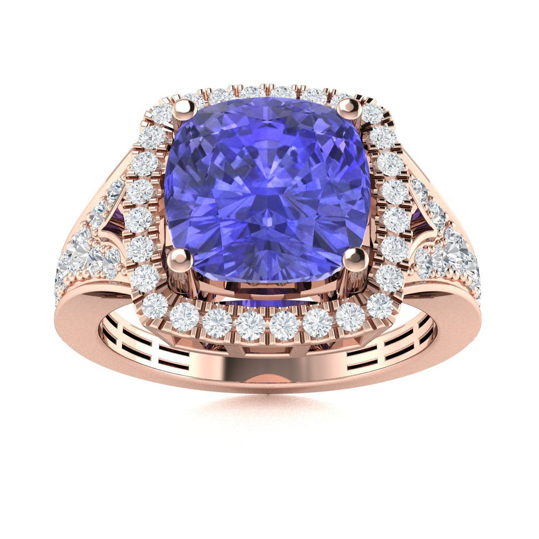 14KT Gold Cushion Tanzanite and Diamond Ladies Ring (Tanzanite 2.35 cts. White Diamond 0.40 cts.)