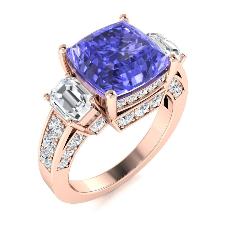 14KT Gold Cushion Tanzanite and Diamond Ladies Ring (Tanzanite 5.00 cts. White Diamonds 1.20 cts.)