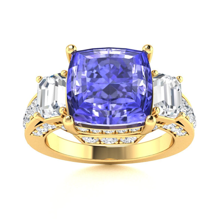 14KT Gold Cushion Tanzanite and Diamond Ladies Ring (Tanzanite 5.00 cts. White Diamonds 1.20 cts.)