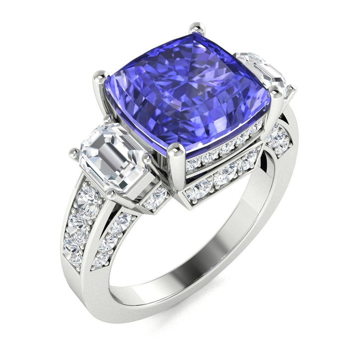 14KT Gold Cushion Tanzanite and Diamond Ladies Ring (Tanzanite 5.00 cts. White Diamonds 1.20 cts.)