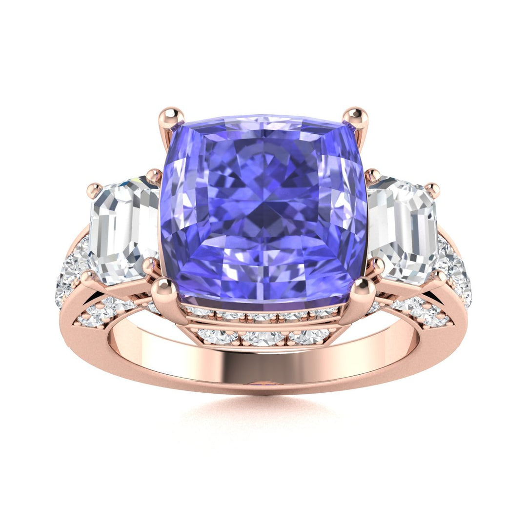 14KT Gold Cushion Tanzanite and Diamond Ladies Ring (Tanzanite 5.00 cts. White Diamonds 1.20 cts.)