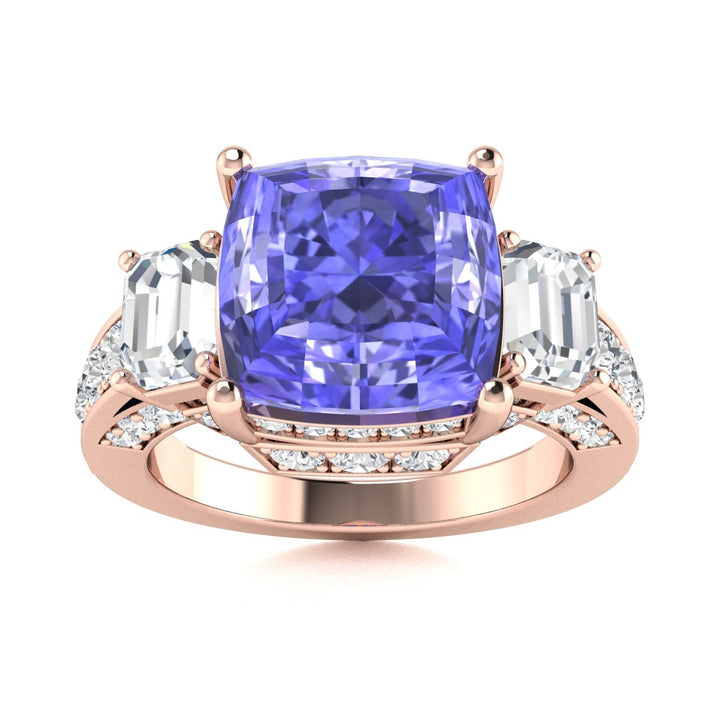 14KT Gold Cushion Tanzanite and Diamond Ladies Ring (Tanzanite 5.00 cts. White Diamonds 1.20 cts.)