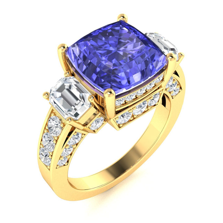14KT Gold Cushion Tanzanite and Diamond Ladies Ring (Tanzanite 5.00 cts. White Diamonds 1.20 cts.)