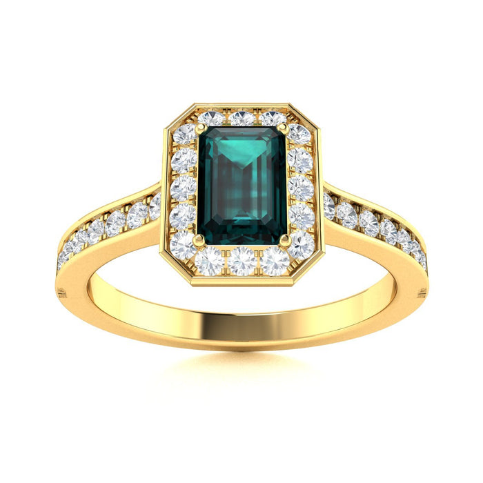 14kt Gold Emerald cut halo set Natural Alexandrite and Diamond Ladies Ring (Alexandrite 1.00 cts. Diamonds 0.50 cts.)