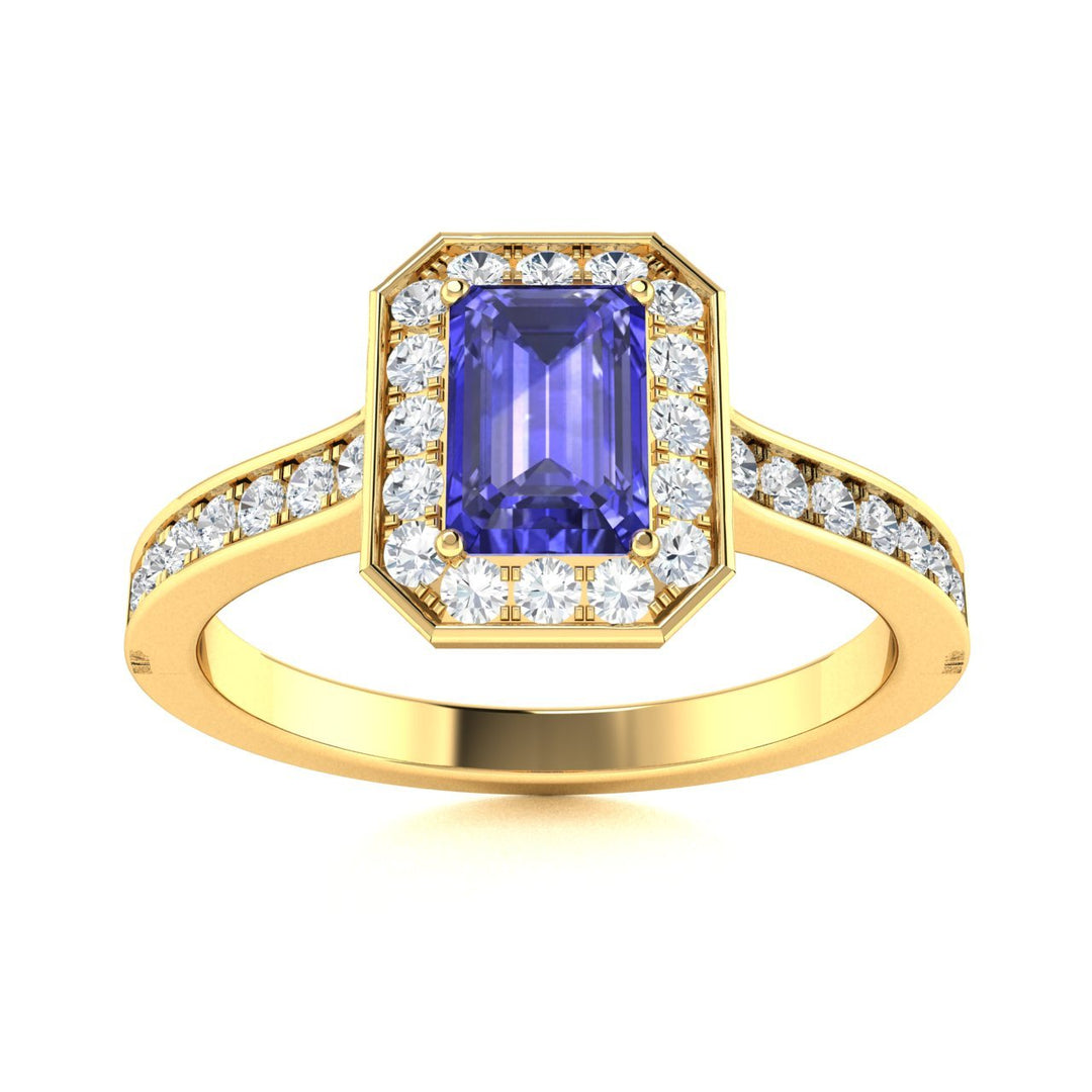 14kt Gold Emerald cut halo set Tanzanite and Diamond Ladies Ring (Tanzanite 1.00 cts. Diamonds 0.50 cts.)