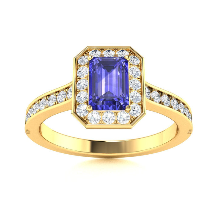14kt Gold Emerald cut halo set Tanzanite and Diamond Ladies Ring (Tanzanite 1.00 cts. Diamonds 0.50 cts.)
