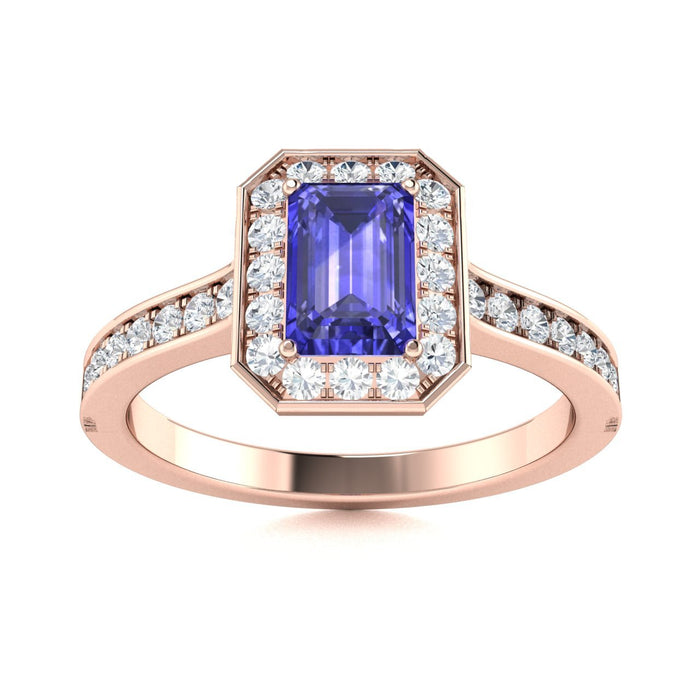 14kt Gold Emerald cut halo set Tanzanite and Diamond Ladies Ring (Tanzanite 1.00 cts. Diamonds 0.50 cts.)