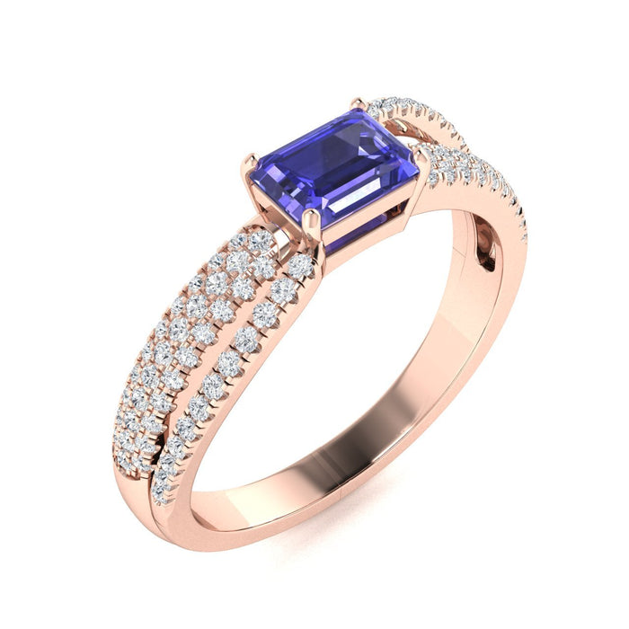 14KT Gold Emerald Cut Tanzanite and Diamond Ladies Ring (Tanzanite 0.80 cts. White Diamonds 0.35 cts.)