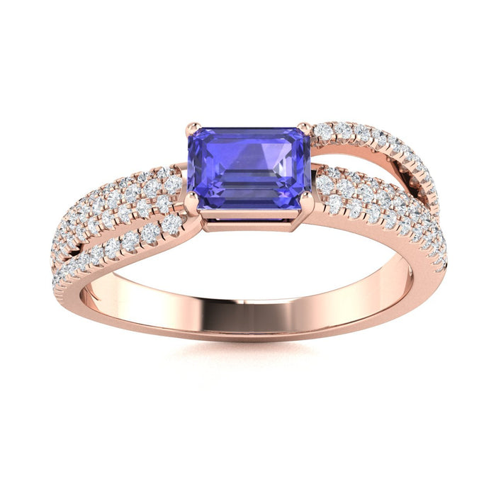 14KT Gold Emerald Cut Tanzanite and Diamond Ladies Ring (Tanzanite 0.80 cts. White Diamonds 0.35 cts.)