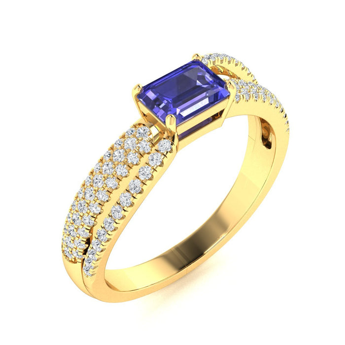 14KT Gold Emerald Cut Tanzanite and Diamond Ladies Ring (Tanzanite 0.80 cts. White Diamonds 0.35 cts.)