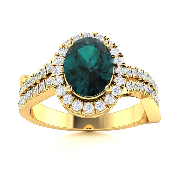 14KT Gold Oval Brilliant Natural Color-Changing Alexandrite and Diamond Ladies Ring \