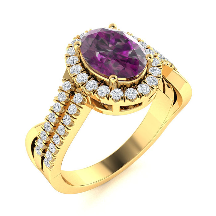 14KT Gold Oval Brilliant Natural Color-Changing Alexandrite and Diamond Ladies Ring