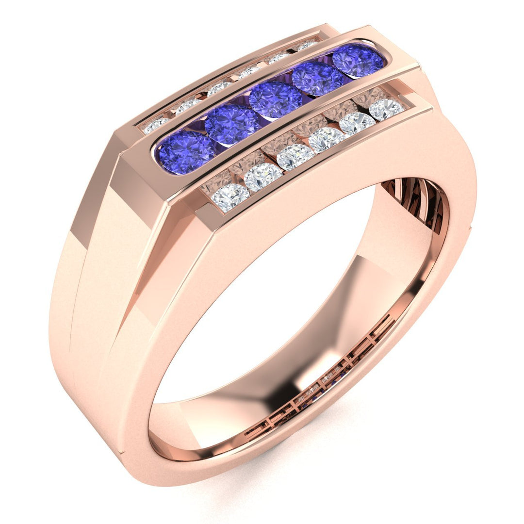 14KT Gold Round Brilliant Tanzanite and Diamond Men's Ring (Tanzanite 0.30 cts. White Diamonds 0.30 cts.)