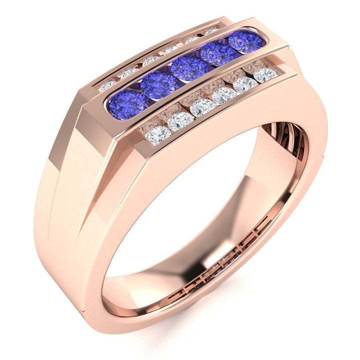 14KT Gold Round Brilliant Tanzanite and Diamond Men's Ring (Tanzanite 0.30 cts. White Diamonds 0.30 cts.)
