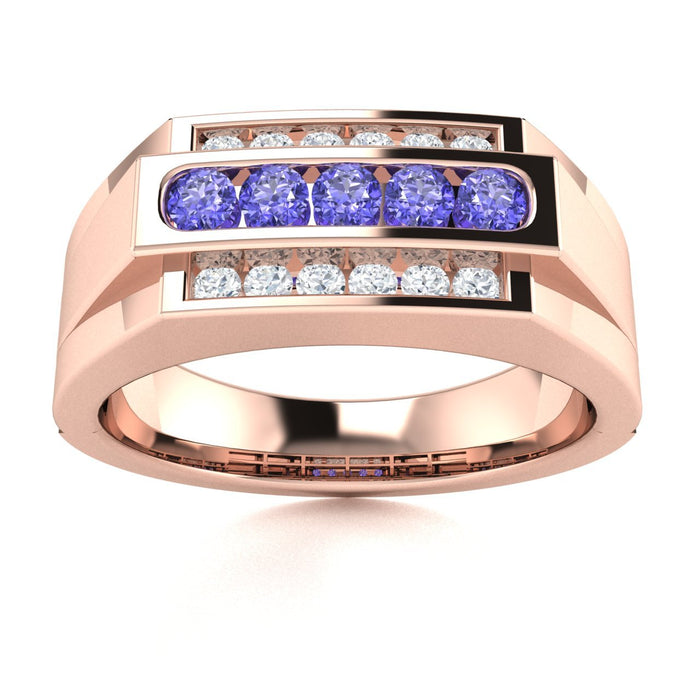 14KT Gold Round Brilliant Tanzanite and Diamond Men's Ring (Tanzanite 0.30 cts. White Diamonds 0.30 cts.)