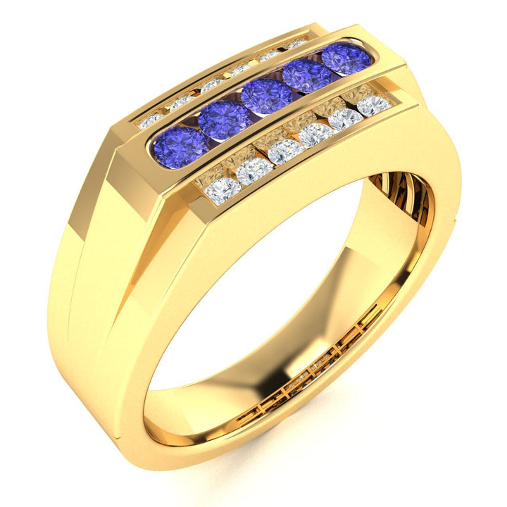 14KT Gold Round Brilliant Tanzanite and Diamond Men's Ring (Tanzanite 0.30 cts. White Diamonds 0.30 cts.)