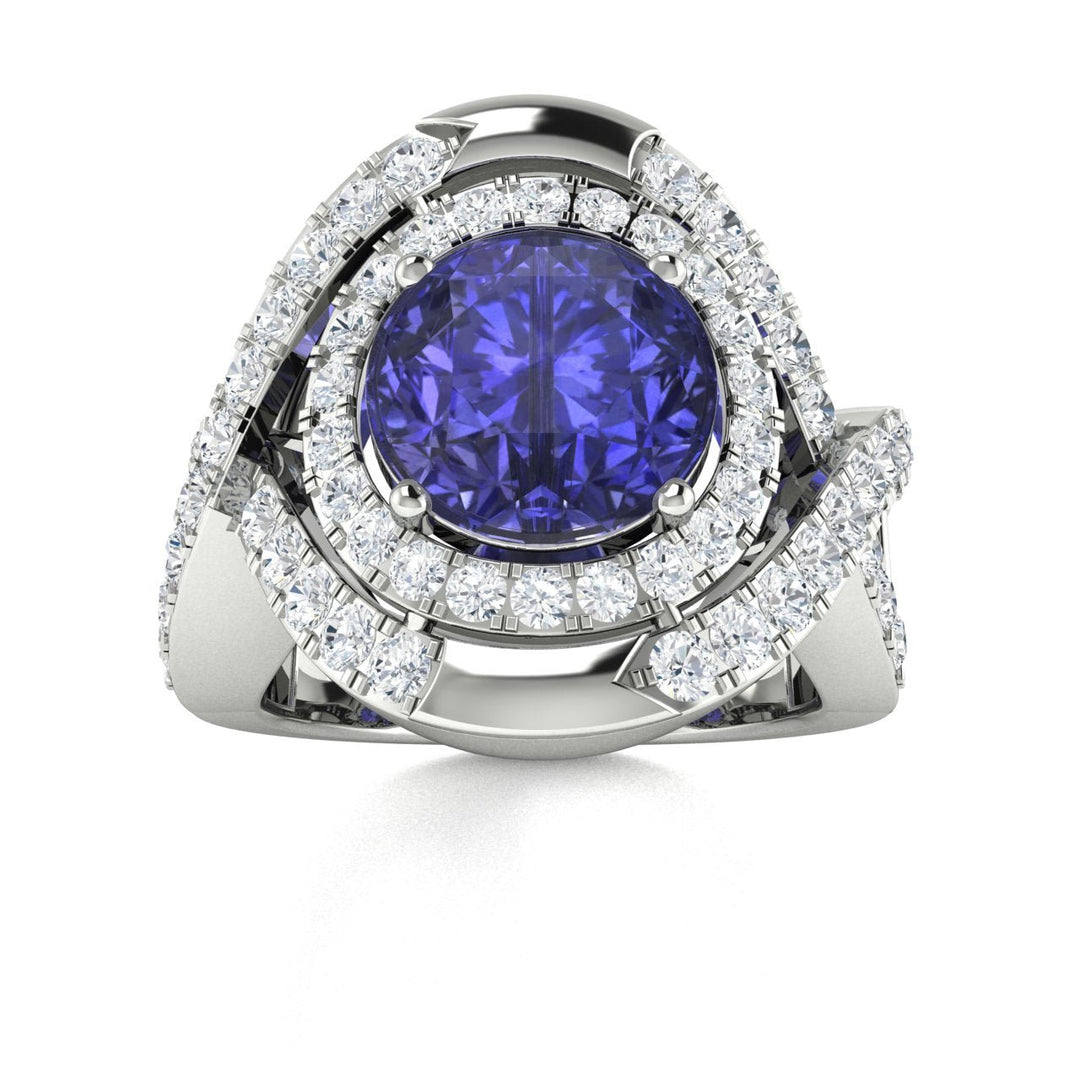 14KT Gold Round Tanzanite and Diamond Ladies Ring (Tanzanite 3.00 cts. White Diamond 0.50 cts.)