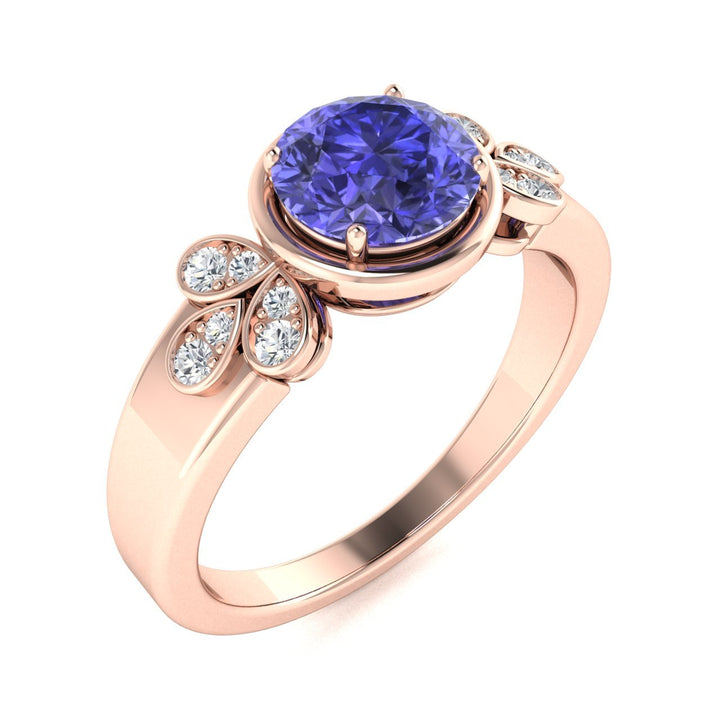 14KT Gold Round Tanzanite and White Diamond Ring (Tanzanite 0.83 cts White Diamonds 0.04 cts)