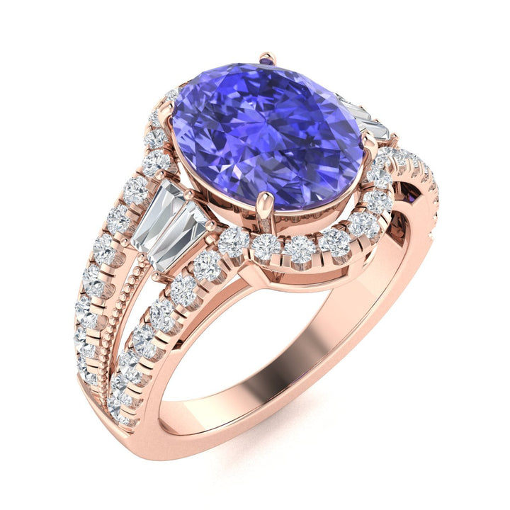 18kt Gold AAA Deep Purple Oval Brilliant Tanzanite and Diamond Ladies Ring (Tanzanite 7.00ct Diamonds 1.00cts)