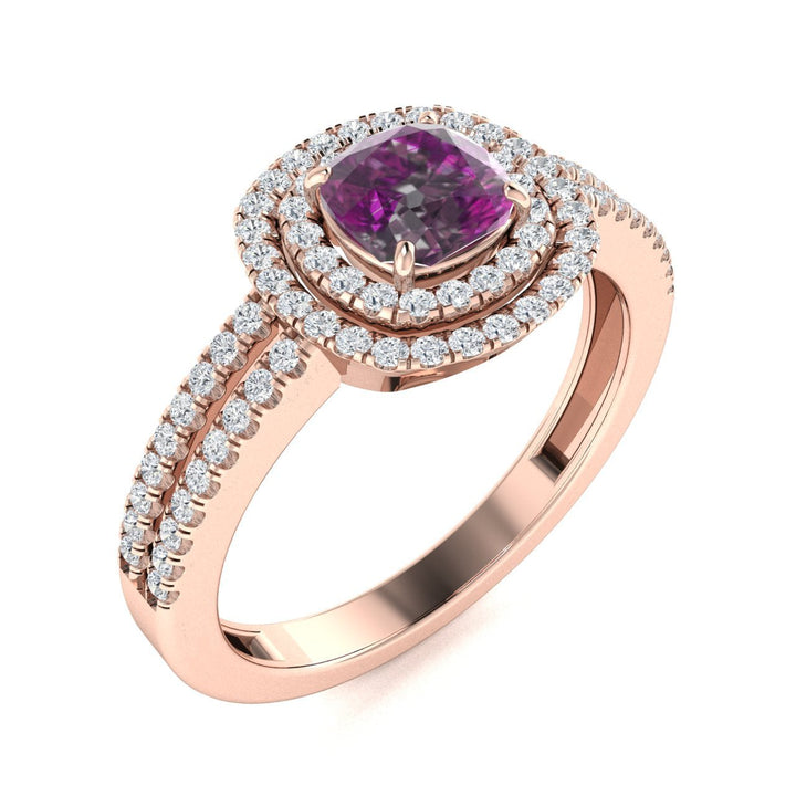 18kt Gold Cushion cut double halo set Natural Alexandrite and Diamond Ladies Ring (Alexandrite 2.00ct Diamonds 0.40cts)