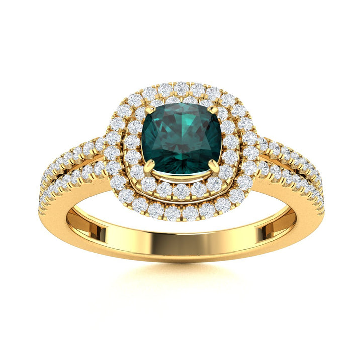 18kt Gold Cushion cut double halo set Natural Alexandrite and Diamond Ladies Ring (Alexandrite 2.00ct Diamonds 0.40cts)