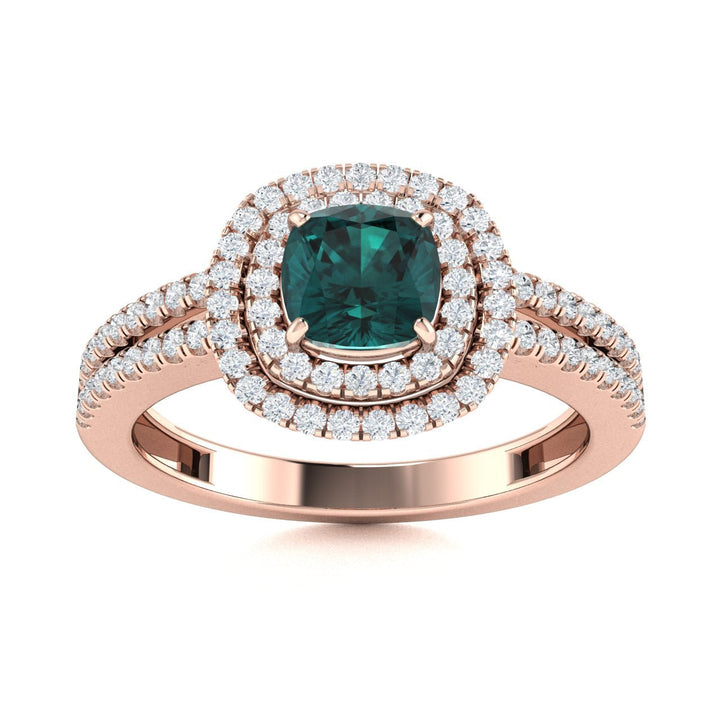 18kt Gold Cushion cut double halo set Natural Alexandrite and Diamond Ladies Ring (Alexandrite 2.00ct Diamonds 0.40cts)