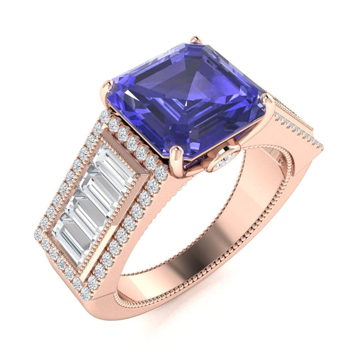 18KT Gold Princess Cut Tanzanite and Diamond Ladies Ring (Tanzanite 4.02 cts. White Diamond 0.80 cts.)